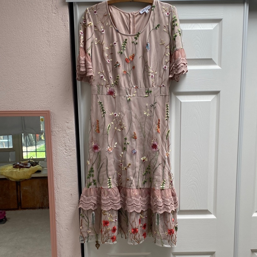Roolee Blush Pink Embroidered Floral Midi Dress